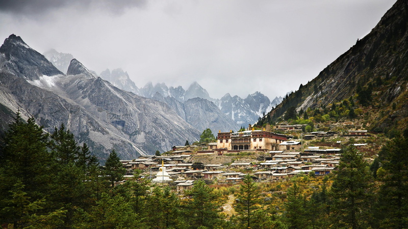 land, china, nature, mountainous landforms, building exterior, buddhism, mountain, wilderness, landscape, tree, architecture, outdoors, tibetan plateau