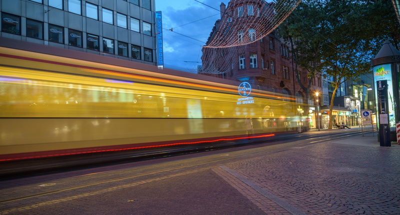 cable car, no people, building exterior, long exposure, speed, building, Tram, train, Karlsruhe, outdoors, road, transportation, light trail, on the move