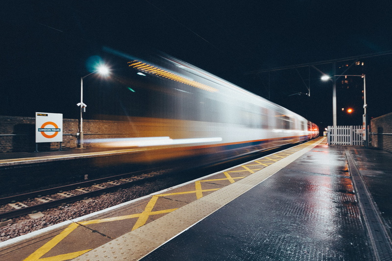 night, sign, london fields, illuminated, lighting equipment, train, road, outdoors, fast, city, speed, movement, train track, track, platform, urban, blurred motion