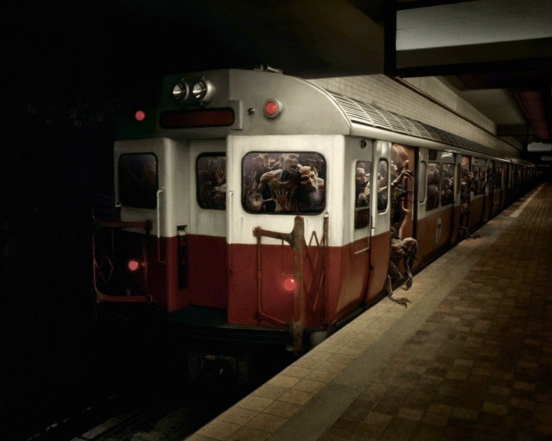 railroad station platform, locomotive, train, station, railroad station, public transportation, rail transportation, horror, land vehicle, railroad track