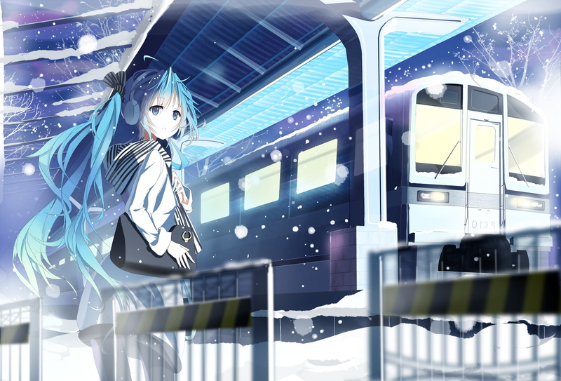 anime girls, snow, anime, 2K, train, train station, winter