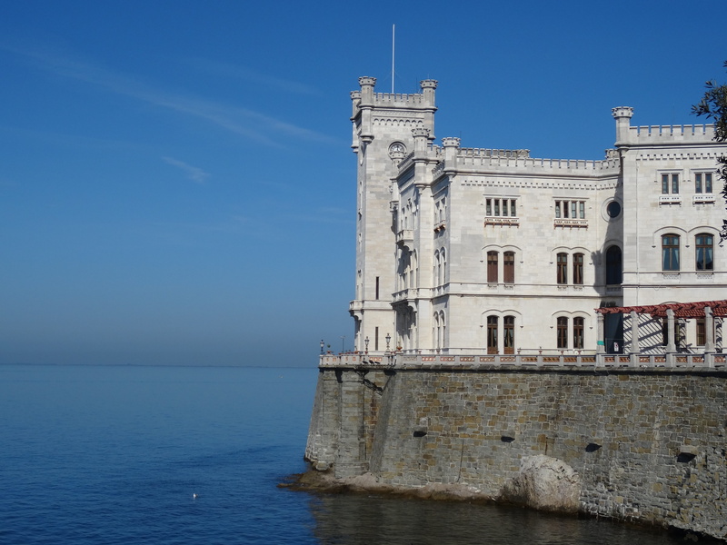 outdoors, sky, building exterior, nature, building, miramare, architecture, italy, day, tower, the past, mediterranean, water, trieste, built structure
