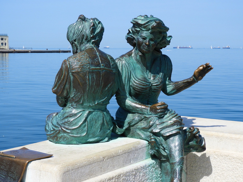 5K, art and craft, human representation, old, dock, statue, sculpture, trieste, bronze, outdoors, monument, sky, day, women, no people, clear sky, sea