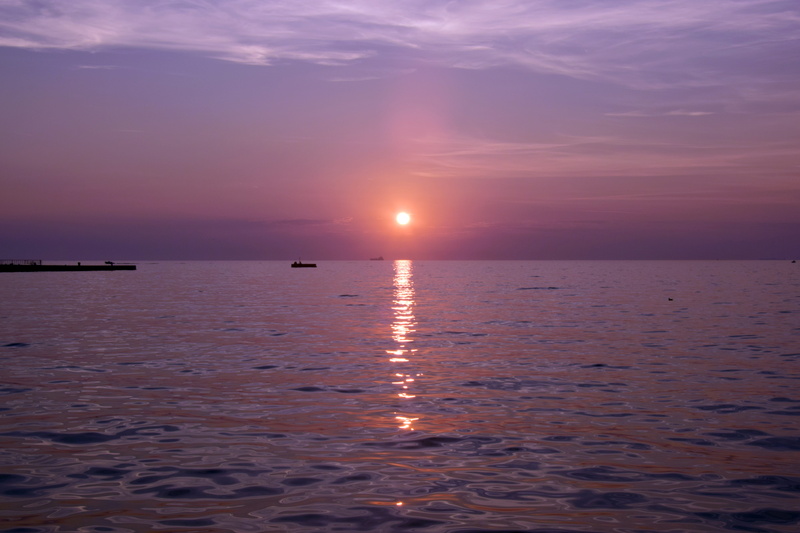 holiday, sea, horizon over water, horizon, light, outdoors, sunlight, city, atmosphere, scenics - nature, landscape, blue, ship, tranquility, sunset, no people