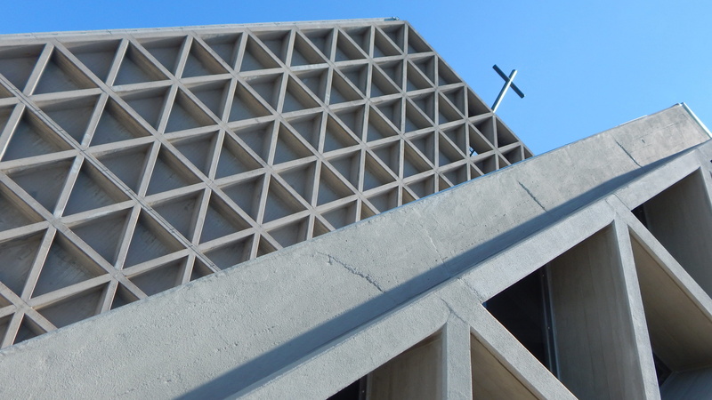 clear sky, directly below, triangle shape, design, built structure, staircase, 4K, concrete, italy, steel, blue, Architecture, industry, Church, day, no people
