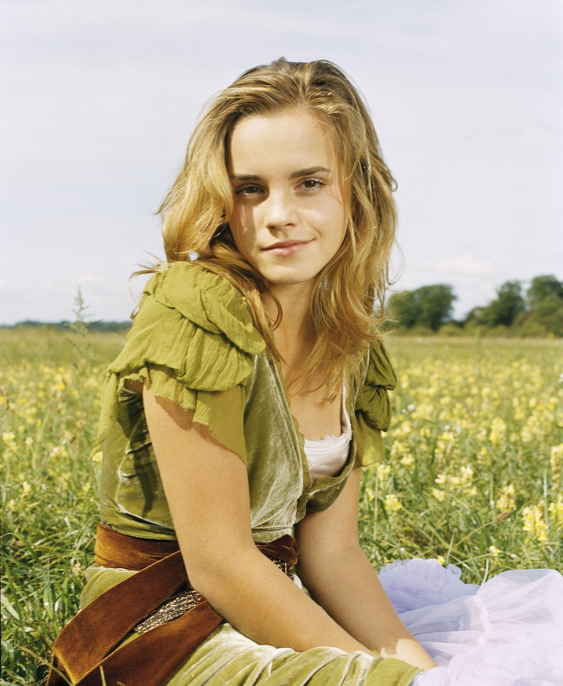 actress, looking at viewer, blonde, grass, women, flowers, nature, field, 1080P, portrait display, women outdoors, fashion, Emma Watson, long hair, smiling