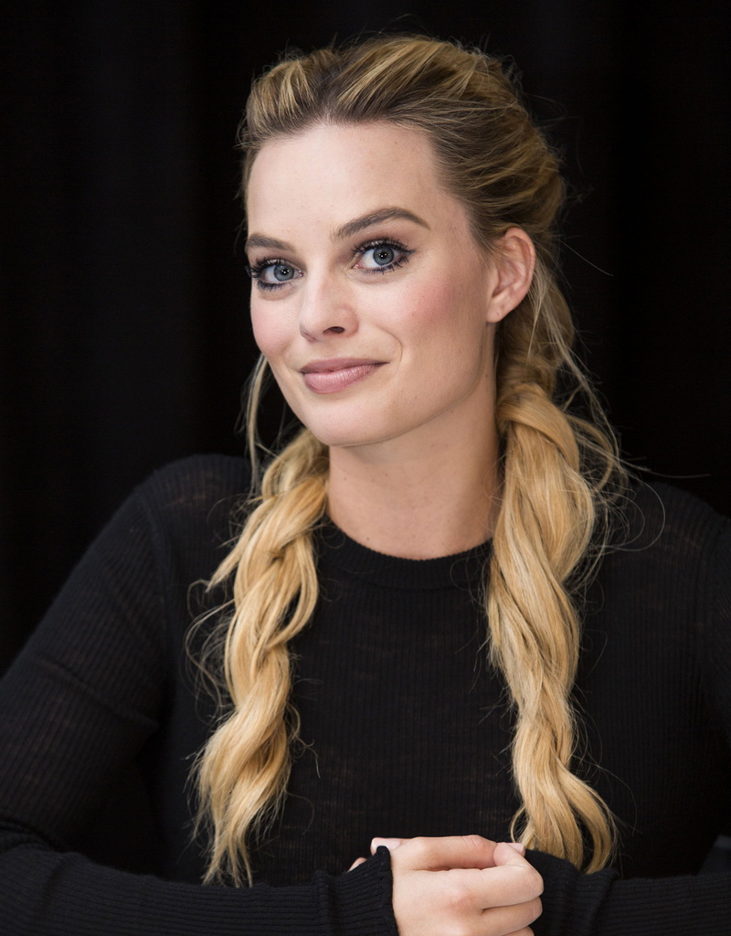 celebrity, smiling, blonde, women, portrait display, 4K, actress, braided hair, french braided pigtails, black background, Margot Robbie