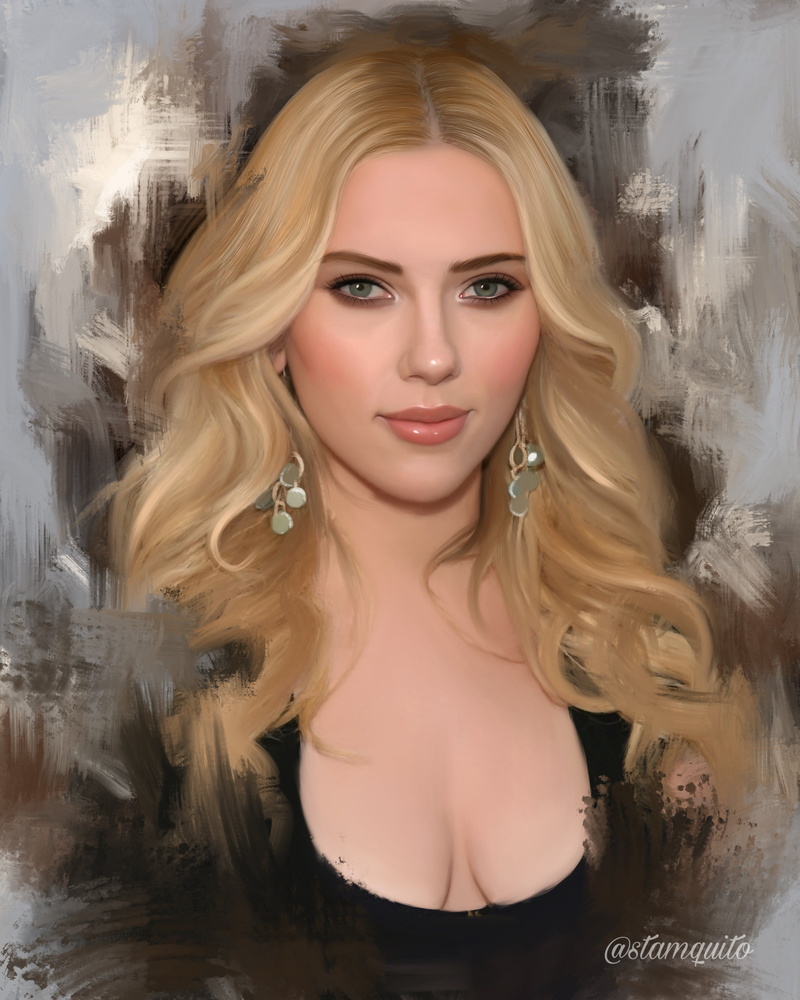 Stam Quito, portrait, cleavage, women, Black Widow, long earings, portrait display, 2K, celebrity, digital art, digital painting, actress, ArtStation