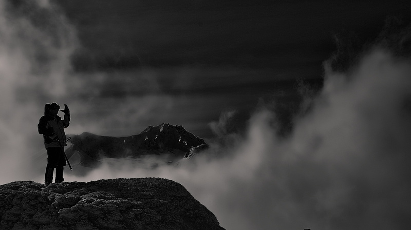 loneliness mountaineer, photo, mountains, summit, trekking, jumping, fog, walking, at the edge of, scenics - nature, ropes, man, alpinism, adult, outdoors