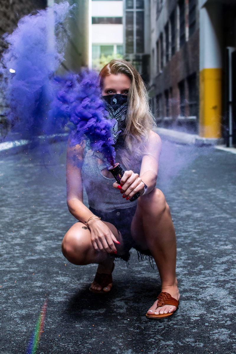 street, portrait, architecture, concrete, hairstyle, blonde, young women, color, fashion, watch, pavement, awesome, bandanna, front view, smokegrenade