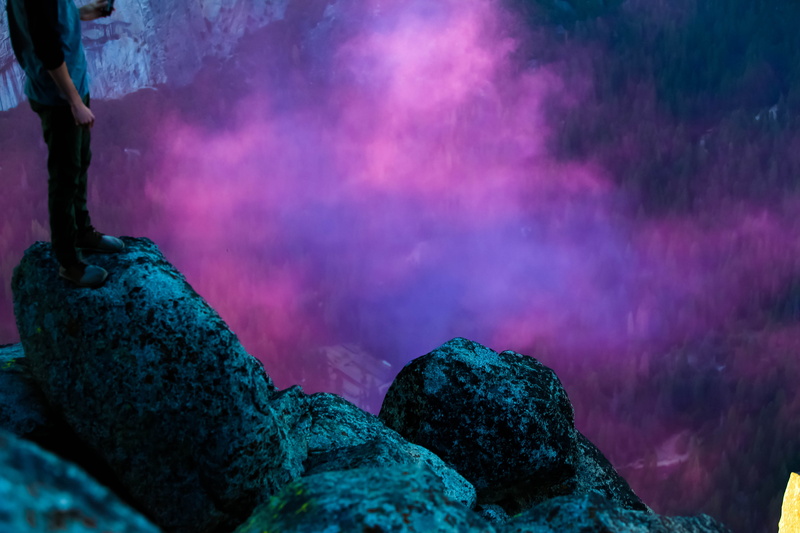 5K, textured, solid, day, yosemite, pink color, land, close-up, cliff, tranquility, beauty in nature, motion, rock, sun, smoke grenade, focus on foreground