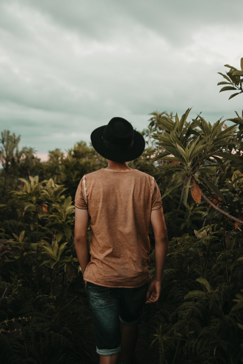 land, men, standing, 5K, rear view, plants, one person, growth, clouds, casual clothing, crew, tree, wearing, green, trees, three quarter length, walking