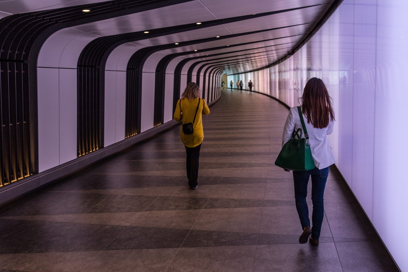 indoors, woman, rear view, s, motion, leisure activity, King’s Cross, the way forward, wall, arcade, image, was captured, subway Station, flooring, diminishing perspective