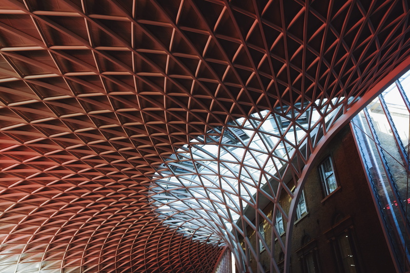 indoors, low angle view, architecture and art, industry, building, no people, roof beam, steel, united kingdom, modern, 4K, roof, grid, architecture, architectural feature