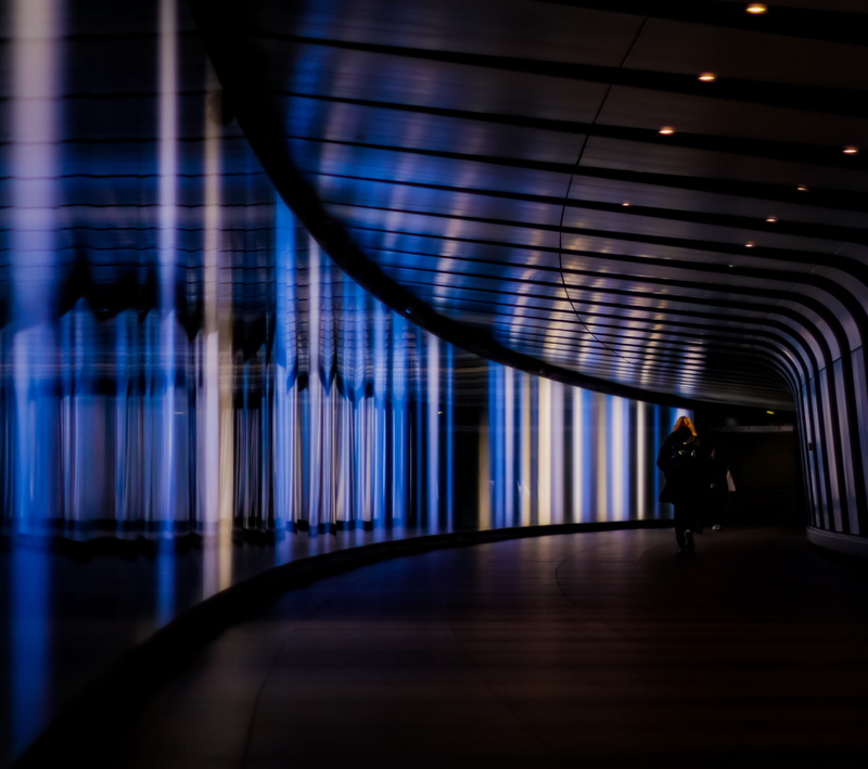 the way forward, lifestyles, underground, corridor, indoors, europa, kings cross, rear view, illuminated, arcade, leisure activity, one person, 2K, colorful