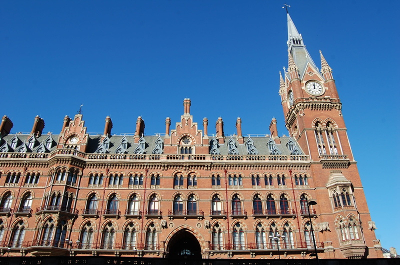 city, no people, the past, 1080P, arch, spire, st pancras, clock, facade, Station, low angle view, travel destinations, government, uk, tourism, red bricks