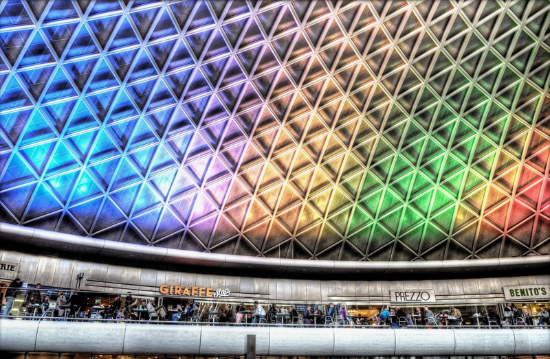 illuminated, city life, railway, indoors, travel, railroad station, busy schedule, lights, multi color, subway, ceiling, transportation, train station