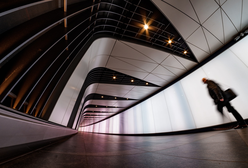 modern, handrail, 5K, indoors, walking, lighting, men, airport terminal, corridor, building, person, tunnel, steps and staircases, railing, transportation