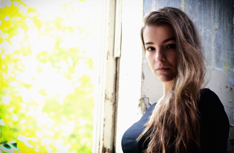 wall, women, portrait, old building, beside, beautiful woman, concrete, white, shirt, young women, black, long, model, one woman only, teenager, focus on foreground
