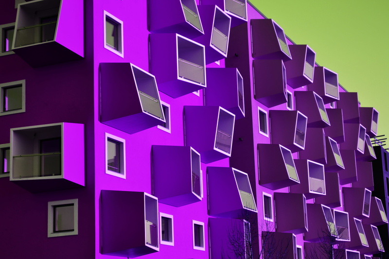 building exterior, graphics, built structure, surreal, blue, backgrounds, neighborhood, day, outdoors, collage, architecture, repetition, purple, nature