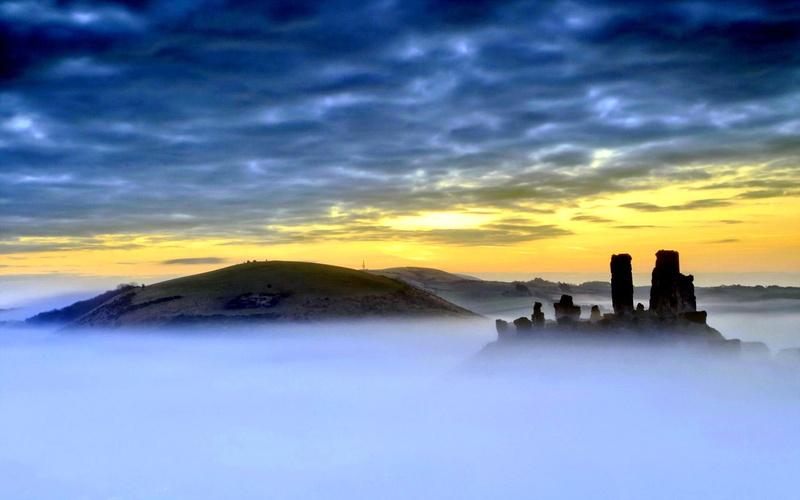 sunset, corfe castle, 1080P, landscape, mist, nature and landscapes, castle