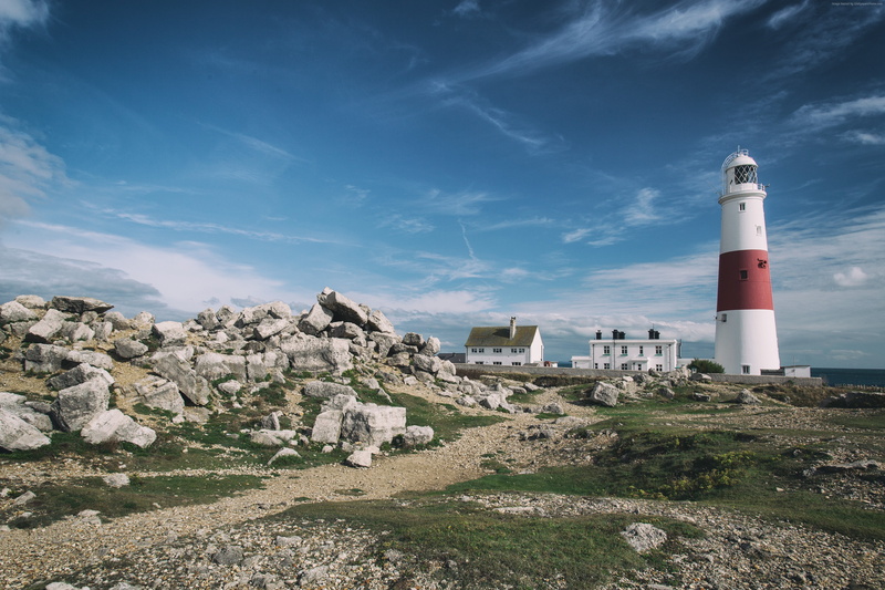 hills, sky, Jurassic Coast, 4K, 4k, Portland Bill Lighthouse, stones, Dorset, 5k, England