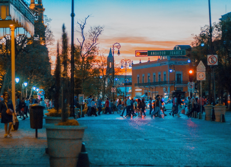 crowd, group of people, street, environment, architecture, motion, men, outdoors, aguascalientes, sun, clouds, people, 2K, city, building exterior, dusk