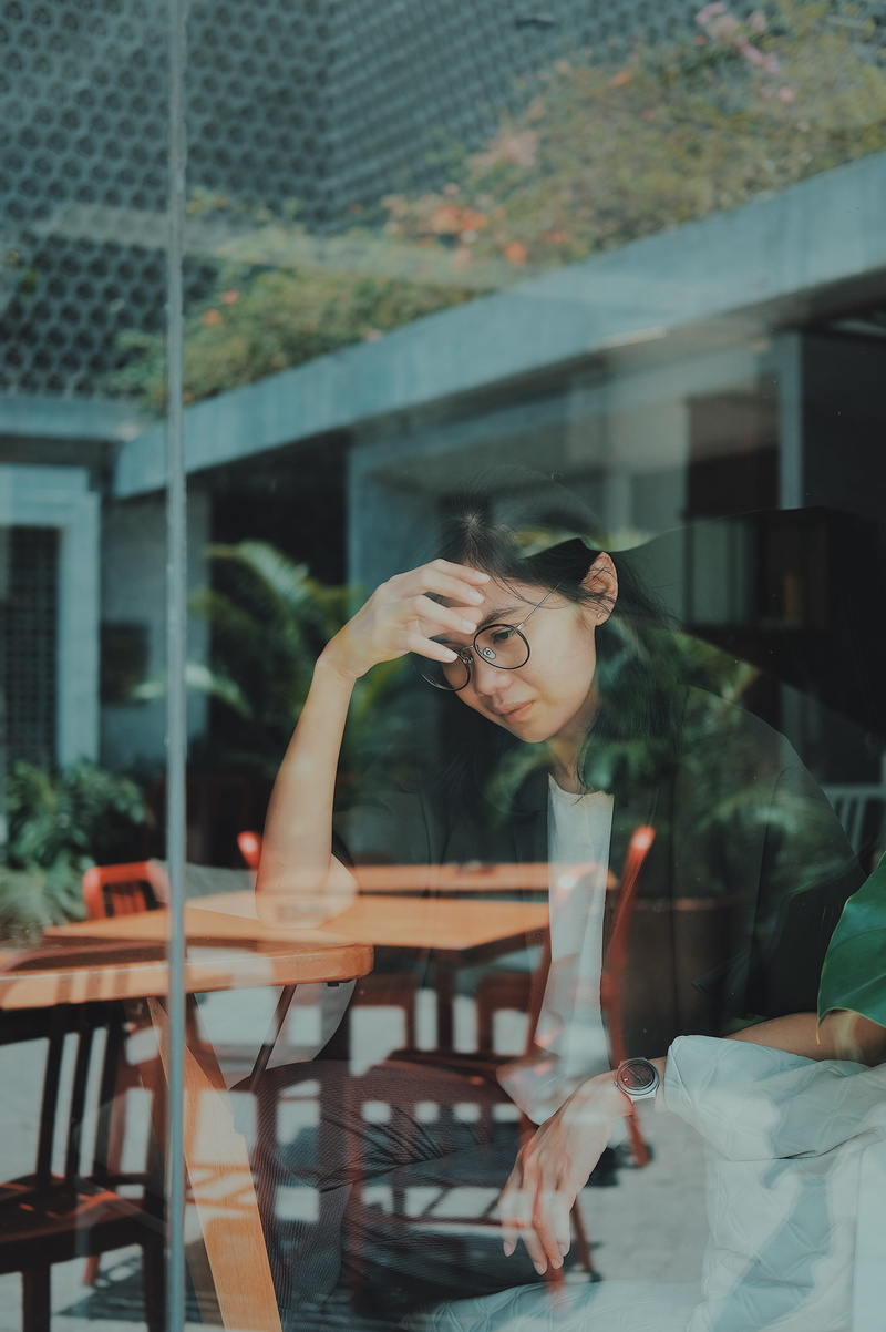 window, young adult, indonesia, young women, people, portrait, touching, potted plant, day, female, sitting, eyeglasses, pottery, women, jar, beautiful woman