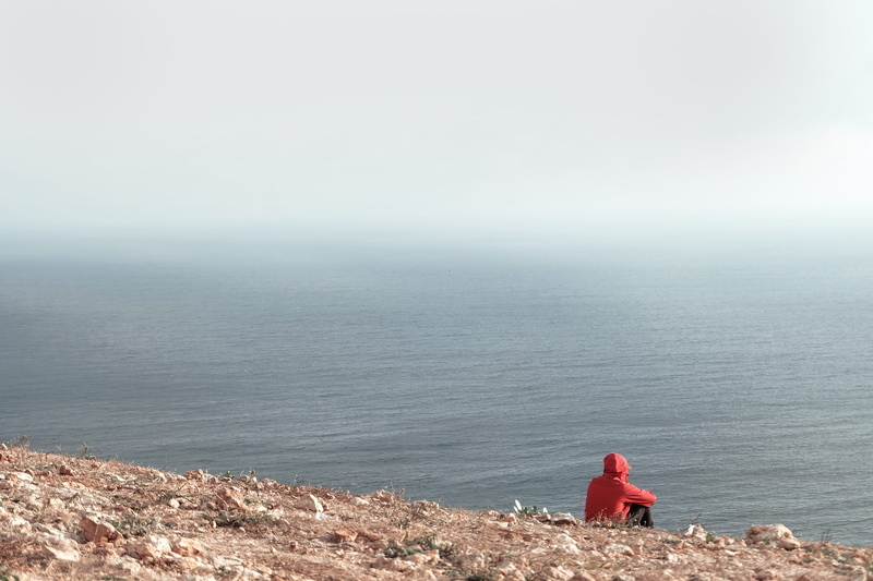 childhood, contemplation, sit, real people, 4K, rear view, lifestyles, vsco, pine, looking at view, landscape, red, baground, day, horizon over water