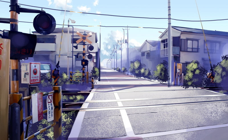 sign, road, building exterior, light, building, outdoors, marking, Anime, nature, transportation, Crossing, no people, city, Japan, road marking, day, 2K