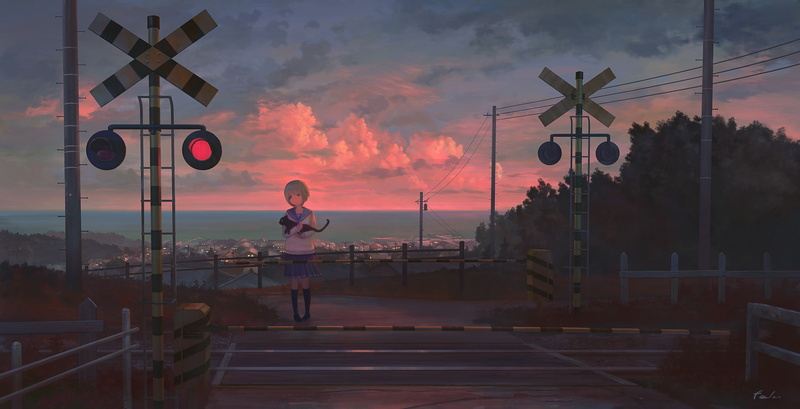 short, railroad crossing, (nasitaki), built structure, road sign, sky, light, building, railing, skirt, building exterior, nature, outdoors, konachan, kneehighs