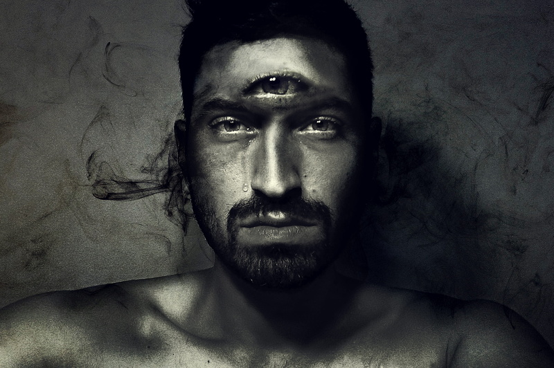 indoors, contemplation, front view, man, eyes, digital composite, human face, looking at camera, young men, painting, look, black and white, smoke, 5K