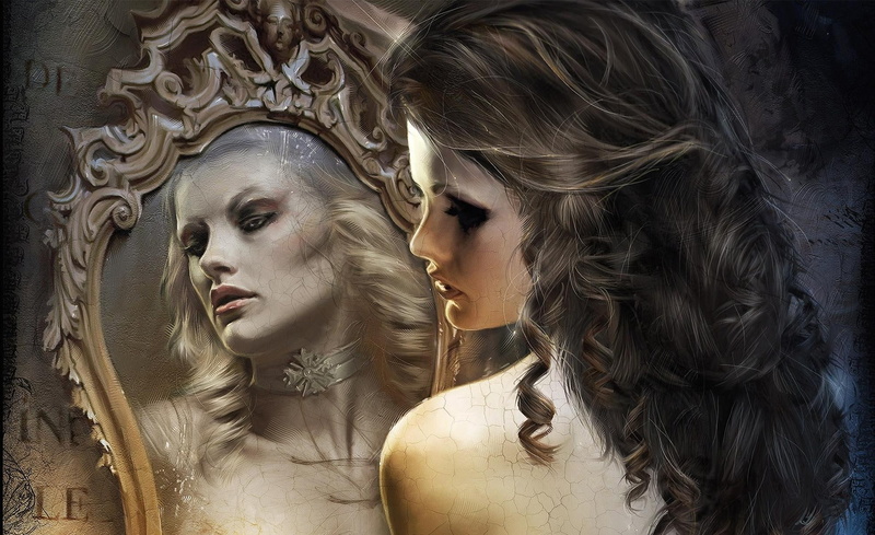 lady, brown hair, maiden, 3d and abstract, 1080P, woman, image, mirror, blond, fancy