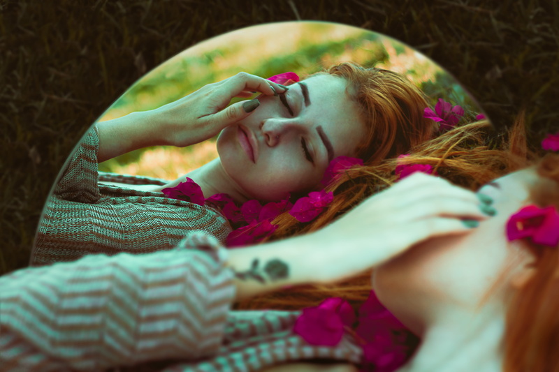 beautiful woman, female, tattoo, mirror image, photoshoot, hand, comfortable, pink lipstick, facial expression, face, 5K, childhood, person, pose, reflection