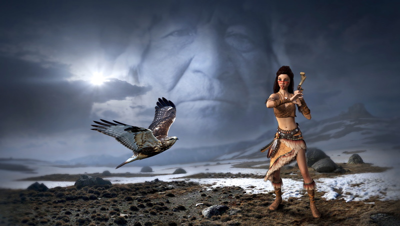 fantasy, full length, appearance, feather, fairytale, fairy tales, nature, land, animal wildlife, one person, female, mystical, sky, meeting, fantasy picture