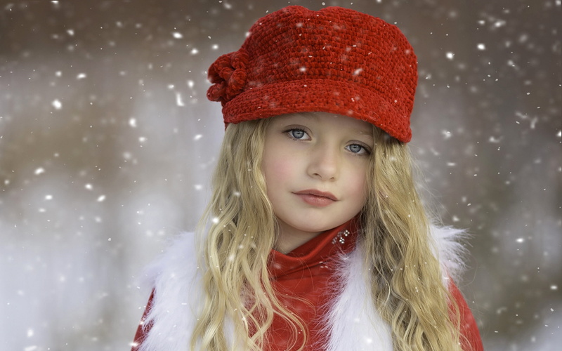 charming, girl, blonde, mood, winter, tenderness, portrait, face, snowfall, cutie, clothing, Slavic appearance, long-haired, grey eyes, snow, child, cap