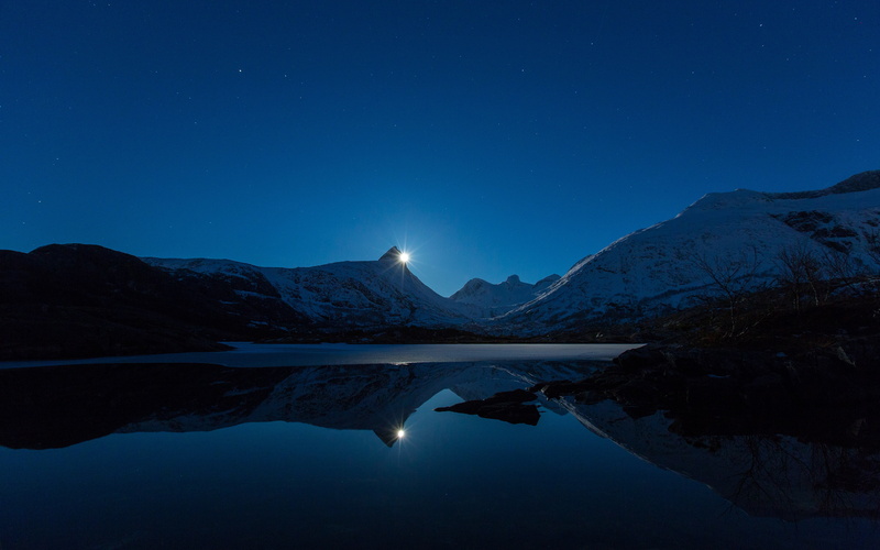 4K, mountain, lakes, reflection, moon, appears, stars, landscape, water, night, body