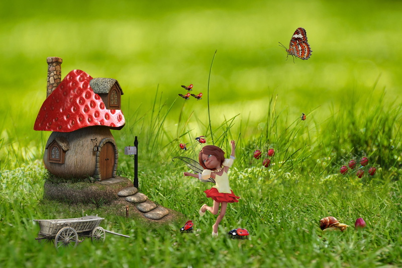 small, fantasy, day, fairy tales, red, land, young, grass, history, fee, baby, full length, composing, outdoors, 2K, beauty in nature, strawberries, offspring