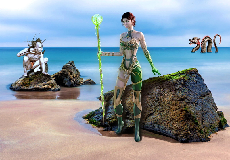 fairy tales, characters, bizarre, land, in the, mythical creatures, water, 1080P, Sea Monster, beautiful woman, Elf, wild, beauty, standing, female, rock - object