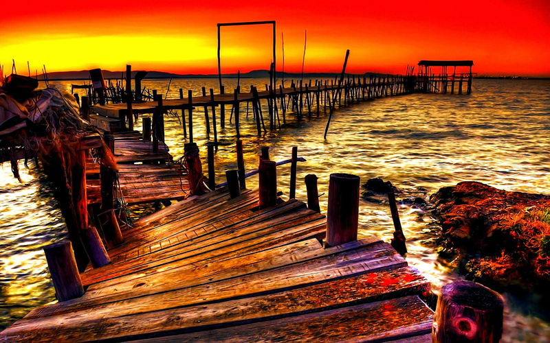 Dawn, Sunset, WATER, pier, horizon, DAL, ruined, sky, boardwalk, wooden, 1080P