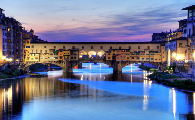 dusk, night, reflection, waterfront, outdoors, transportation, Europe, 2K, bridge - man made structure, cloud - sky, Vecchio, bridge, city, germany, built structure
