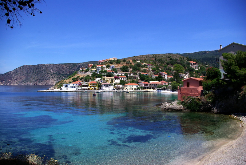 land, house, blue, nature, waterfront, sky, water, architecture, beach, reflection, assos village, mountain, sea, tree, 4K, scenics - nature, greece, built structure