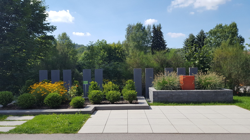 bush, hedge, paving stone, plant, stone, grass, green color, day, cloud - sky, grey, modern, architecture, ornamental garden, sunlight, growth, nature