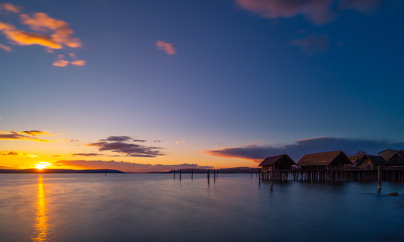 dusk, screen background, holiday, architecture, unteruhldingen, nature, lake, wooden dwellings, lake constance, 4K, uhldingen, light, mood, history, building