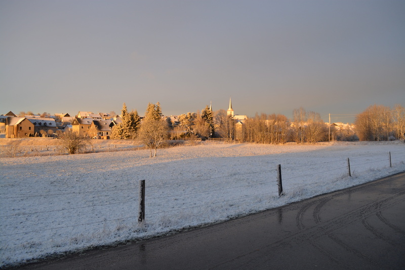 argenthal, sunlight, tranquil scene, clear sky, landscape, cold temperature, light, sky, open field, sun, snowed in, steeple, rlp, snow, rest, village
