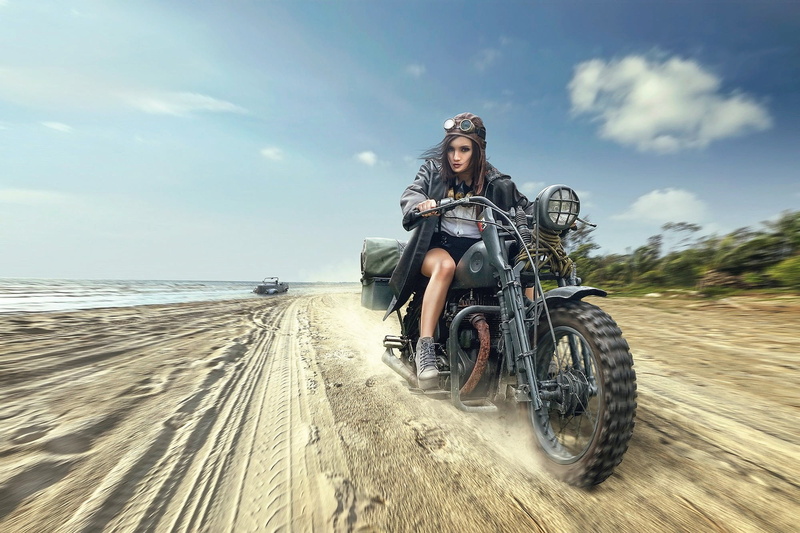 high heels, sky, sea, biker, horizon over water, mode of transportation, one person, land, crash helmet, outdoors, water, transportation, cloud - sky, motorcycle