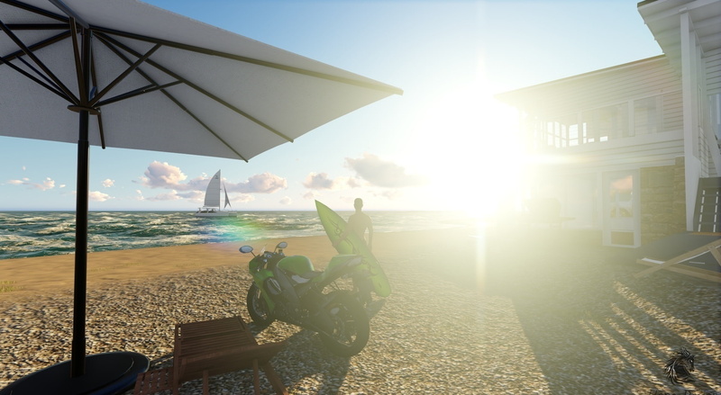 sunbeam, outdoors, lens flare, motors, built structure, summer, sunlight, men, sitting, 3D, building exterior, Artistic, water, beach, architecture, leisure activity