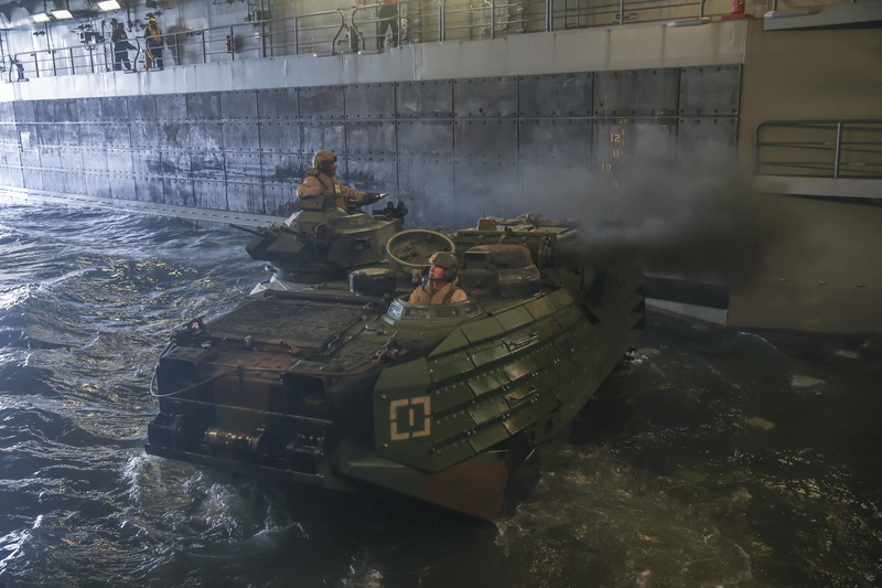 united states marine corps, transportation, smoke - physical structure, aav-8b, high angle view, armored vehicle, nature, group of people, men, 5K, water