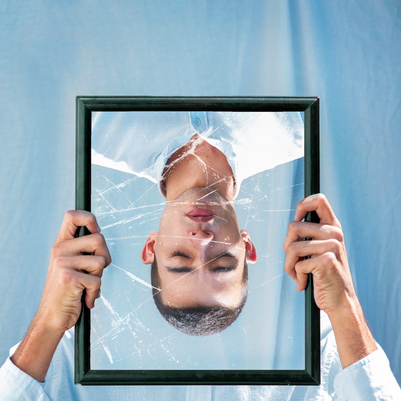 connection, communication, indoors, obscured face, headshot, man, front view, cracked, 2K, screen, glass, adult, young adult, technology, conceptual, mirror