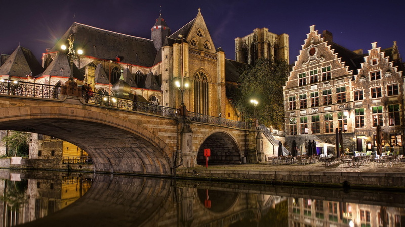 night, cityscape, gent, church, belgium, 4K, river, europe, bridge